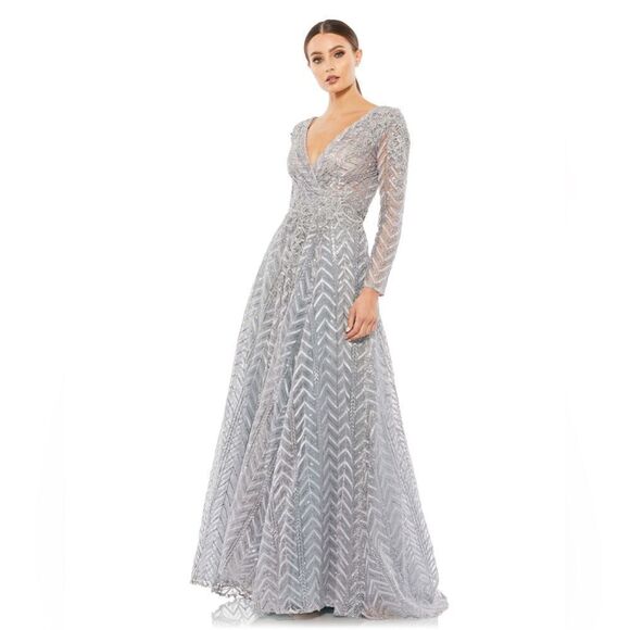 MAC DUGGAL EMBELLISHED ILLUSION LONG SLEEVE WRAP OVER A LINE GOWN/ Size 10 - Picture 3 of 10